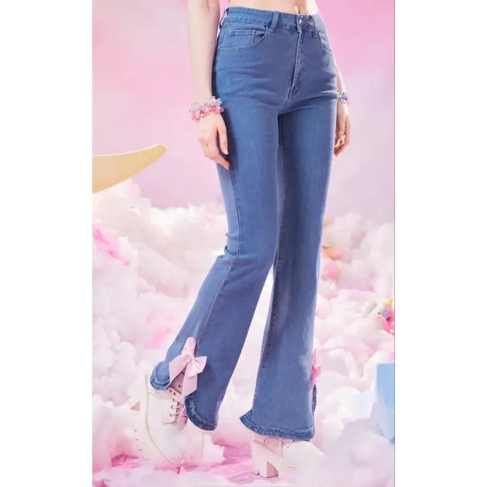 Rowme Kawaii Bow Detail Split Hem Flare Leg Jeans XS 2 Denim pink bows